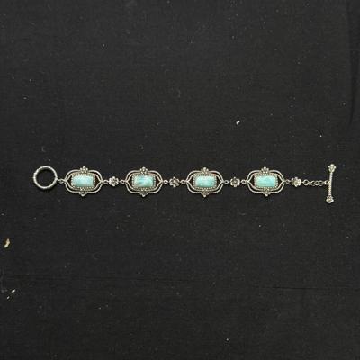 Designer 925 Sterling Silver Larimar Balinese Floral Panel Toggle Bracelet