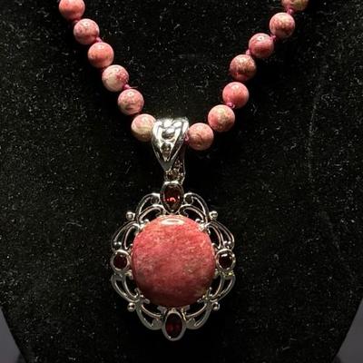 Thulite Bead Necklace & Oval Thulite w/ Chain Phodium over sterling Silver