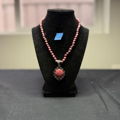Thulite Bead Necklace & Oval Thulite w/ Chain Phodium over sterling Silver