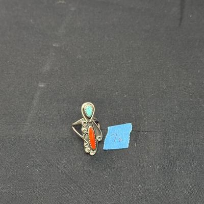 Vintage Sterling Silver Turquoise and Red Coral Ring