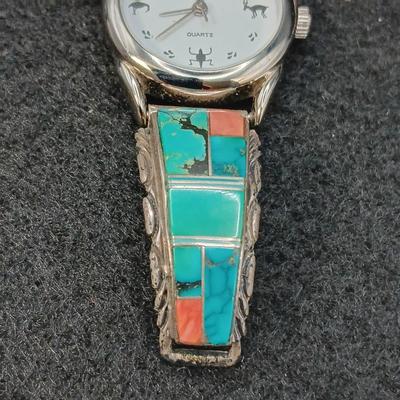 TURQUOISE AND CORAL WATCH BAND SET IN STERLING SILVER