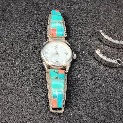 TURQUOISE AND CORAL WATCH BAND SET IN STERLING SILVER