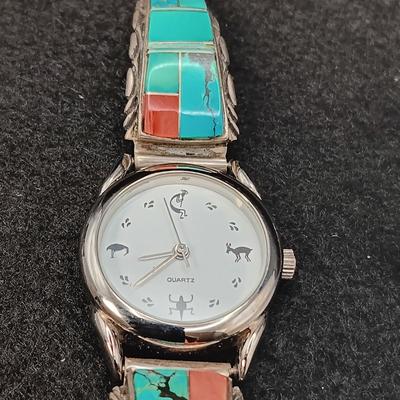 TURQUOISE AND CORAL WATCH BAND SET IN STERLING SILVER