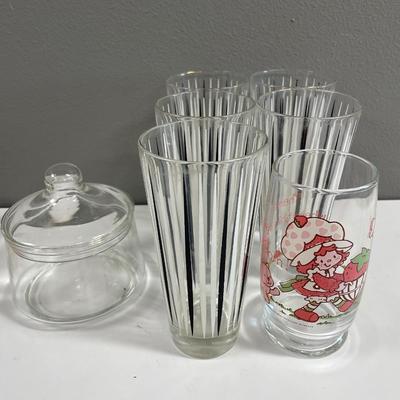 Vintage drinking glasses and glass container