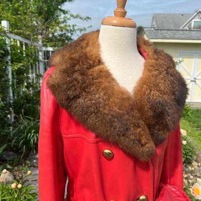 Fabulous Vintage Leather Fur Trim Coat Matching Waist Purse