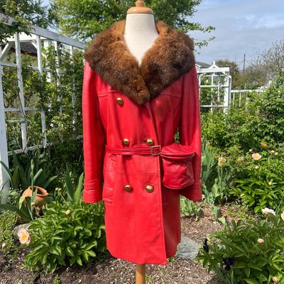 Fabulous Vintage Leather Fur Trim Coat Matching Waist Purse