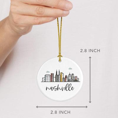 Andaz Press Round Ceramic Porcelain Christmas Tree Ornament Keepsake, Nashville Colorful City Skyline 1-Pack Birthday Ideas Family...
