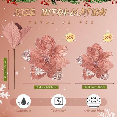 16 Pcs Christmas Poinsettia Flowers Decoration Artificial Velvet Flowers Glitter Magnolia Flower Ornaments for Christmas Tree Wreath...