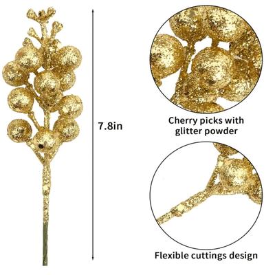 Christmas Gold Glitter Berries Stems - Artificial Christmas Picks for Christmas Tree Ornament Decorations, DIY Xmas Wreath, Holiday &...