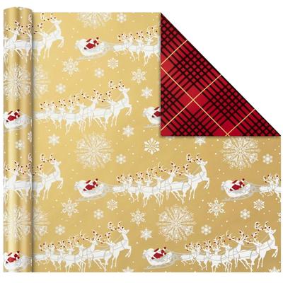 Gold & White Santa, Reindeer & Sleigh Christmas Wrapping Paper - Traditional Holiday Gift Wrap Paper