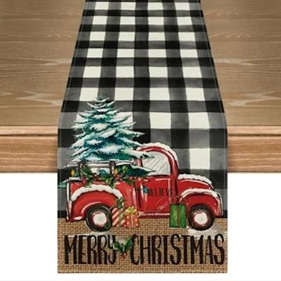 13" x 72" - "Merry Christmas" Table Runner Decoration, Buffalo Plaid Merry Truck Red Christmas Tree Wreath Cookies...