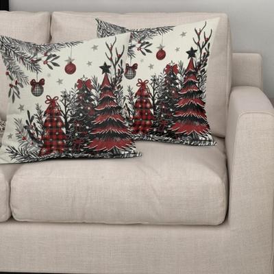 Pair of 22" x 22" Christmas Tree Pillow Covers - Ivory, Black & Red Decorative Throw Pillows - Rustic Farmhouse Outdoor...