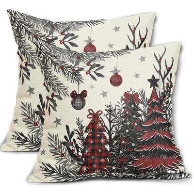 Pair of 22" x 22" Christmas Tree Pillow Covers - Ivory, Black & Red Decorative Throw Pillows - Rustic Farmhouse Outdoor...