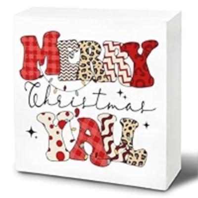 "Merry Christmas Y'all" - Christmas Wooden Box Sign Plaque - Rustic Art Home Shelf Desk Decor - 5" x 5" x 1"