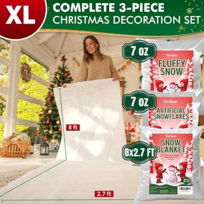 Christmas Fake Snow 3-Piece Set: Includes 8x3 Feet Snow Blanket Roll, Artificial Snowflakes, and Cotton Snow Fluff For your Christmas...