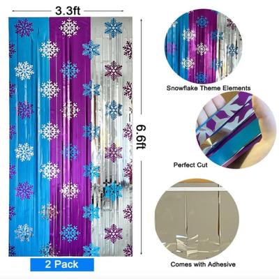 2pcs Winter Party Decorations 3.3x6.6ft Snowflake Pattern Backdrop Foil Fringe Curtains Blue Purple Silver Winter Snowflake Party...