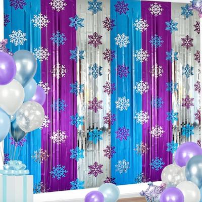 2pcs Winter Party Decorations 3.3x6.6ft Snowflake Pattern Backdrop Foil Fringe Curtains Blue Purple Silver Winter Snowflake Party...