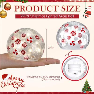 Pair of Peppermint Christmas Orb Lights - Holiday Candy 3.9 Inch Lighted Crackle Glass Ball - Christmas Table Lamps Battery Operated...