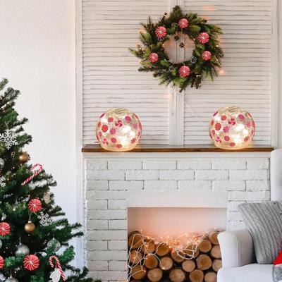 Pair of Peppermint Christmas Orb Lights - Holiday Candy 3.9 Inch Lighted Crackle Glass Ball - Christmas Table Lamps Battery Operated...