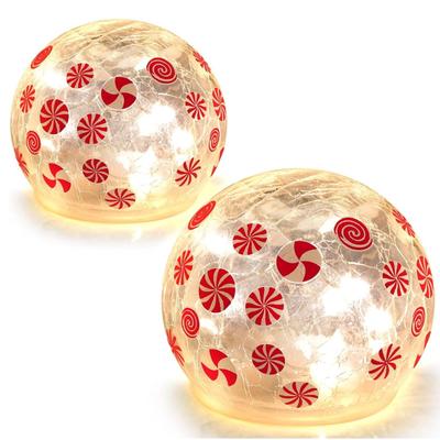 Pair of Peppermint Christmas Orb Lights - Holiday Candy 3.9 Inch Lighted Crackle Glass Ball - Christmas Table Lamps Battery Operated...