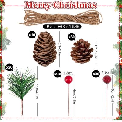 261 Pcs Christmas Wreath Accessories - Artificial Red Berries, Pine Cones, Pine Needles w/ Hemp Rope for Xmas Wreath DIY Crafts Party...