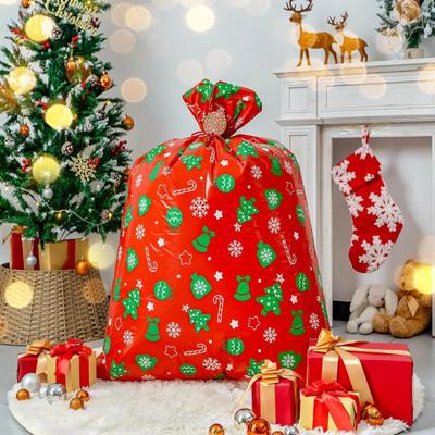 Jumbo Christmas Gift Bag w/Tag & Tie - Red w/Green & White Tree, Ornament, Star, Snowflake - 48" x36, Christmas Plastic Gift