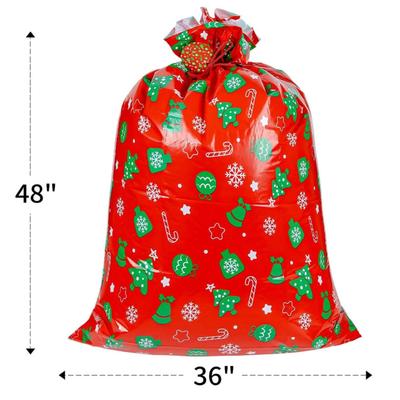 Jumbo Christmas Gift Bag w/Tag & Tie - Red w/Green & White Tree, Ornament, Star, Snowflake - 48" x36, Christmas Plastic Gift