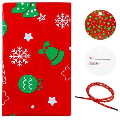 Jumbo Christmas Gift Bag w/Tag & Tie - Red w/Green & White Tree, Ornament, Star, Snowflake - 48" x36, Christmas Plastic Gift