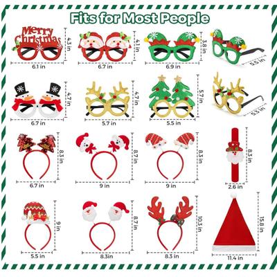 24 Pcs Christmas Glasses, Headbands, Hats, Kids Wristbands - Cute Hair Hoop Eyeglasses Decorations, Santa Hats Photo Props for Xmas...