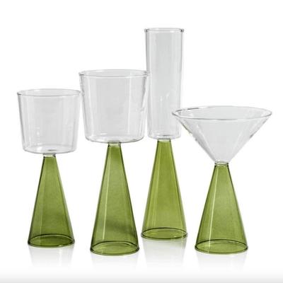 Set of 4 Zodax Veneto Borosilicate Glass Champagne Flute Glasses in Clear & Green Glass