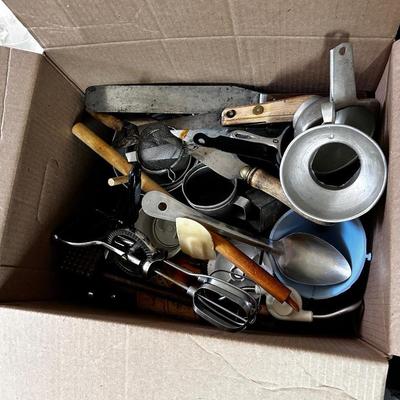 Box of vintage kitchen utensils
