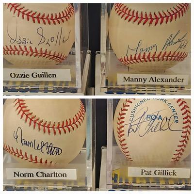 Lot of 4 OMLB Signed Autographed Baseball In Collectors Case Ozzie Guillen, Manny Alexander, Norm Charlton, Pat Gillick