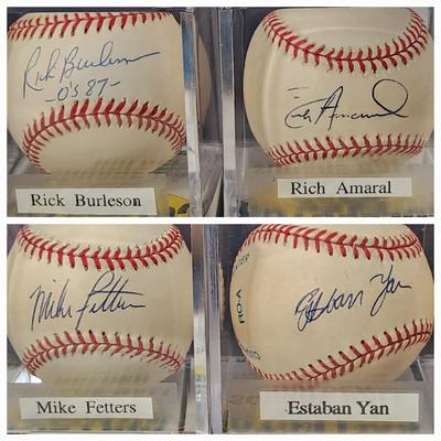lot of 4 Orioles OMLB Signed Autographed Baseball In Collectors Case Mike Fetters, Estaban Yan, Rick Burleson , RichAmaral