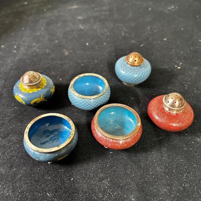 Vintage cloisonné salt cellar & pepper shaker sets (3 sets)