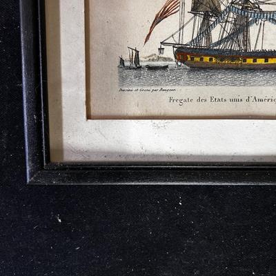 Antique framed prints of American sailing frigates (2)