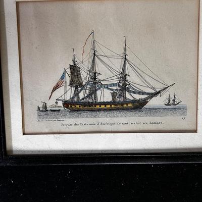 Antique framed prints of American sailing frigates (2)