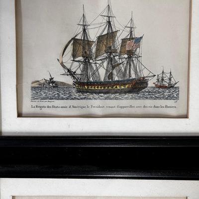 Antique framed prints of American sailing frigates (2)