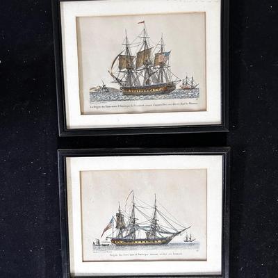 Antique framed prints of American sailing frigates (2)