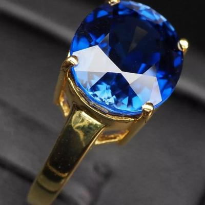 Invaluable Navy Blue Sapphire 10.70Ct 925 Sterling Silver 24K Gold Plated Ring