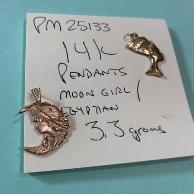 14k Yellow Gold Pendants Lot Moon/Egyptian Pharaoh