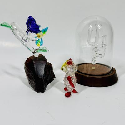 Hand-Blown Glass Figurines & Display Lot - Clown Hummingbird Cactus tree