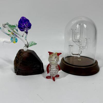 Hand-Blown Glass Figurines & Display Lot - Clown Hummingbird Cactus tree