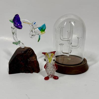 Hand-Blown Glass Figurines & Display Lot - Clown Hummingbird Cactus tree