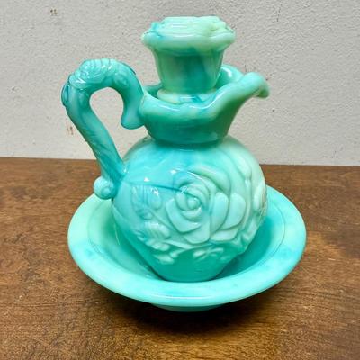 Vintage 1970s Avon Slag Glass Bowl and Pitcher Moonwind Foaming Bath Oil Bottle and Bowl