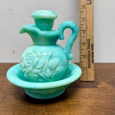 Vintage 1970s Avon Slag Glass Bowl and Pitcher Moonwind Foaming Bath Oil Bottle and Bowl