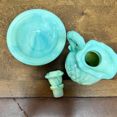 Vintage 1970s Avon Slag Glass Bowl and Pitcher Moonwind Foaming Bath Oil Bottle and Bowl