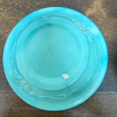 Sale Photo Thumbnail #160: Vintage 1970s Avon Bowl and Pitcher Moonwind Foaming Bath Oil Bottle and Bowl in Aqua & Teal Marbleized Glass. Bowl, pitcher and stopper mare all in good condition.