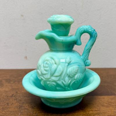 Vintage 1970s Avon Slag Glass Bowl and Pitcher Moonwind Foaming Bath Oil Bottle and Bowl