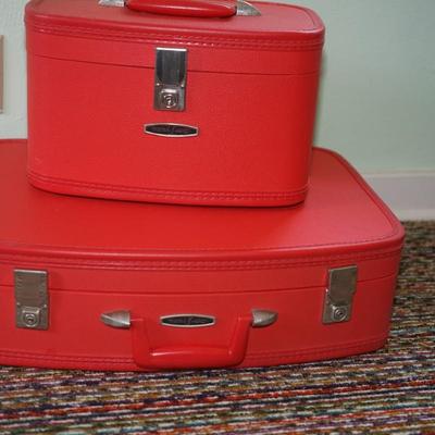 TWO PIECE 1950'S HARD SHELLL RED LUGGUAGE