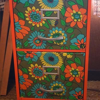 1960's FUNKY FLORAL DECORATED TWO DRAWER ORANGE METAL FILE CABINET